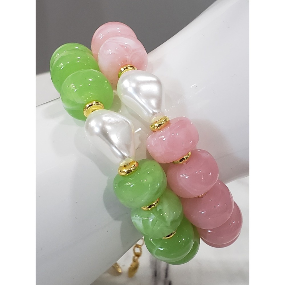 2 MAYAMAR 24kt Gold Plate Faux Pearl PINK GREEN Chunky Bracelet COASTAL COQUETTE